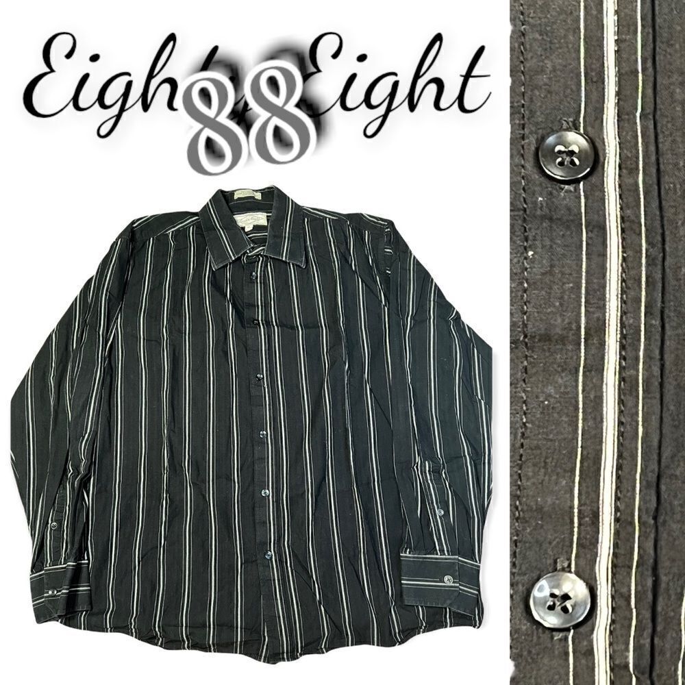 Eighty Eight Button Up Shirt Mens XL Black Blue Long Sleeve Striped Point Collar